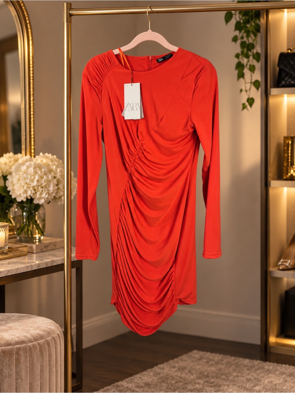Zara NWT Red Orange Ruched Mini Dress Medium Long Sleeve Bodycon Draped Party - Picture 2 of 9